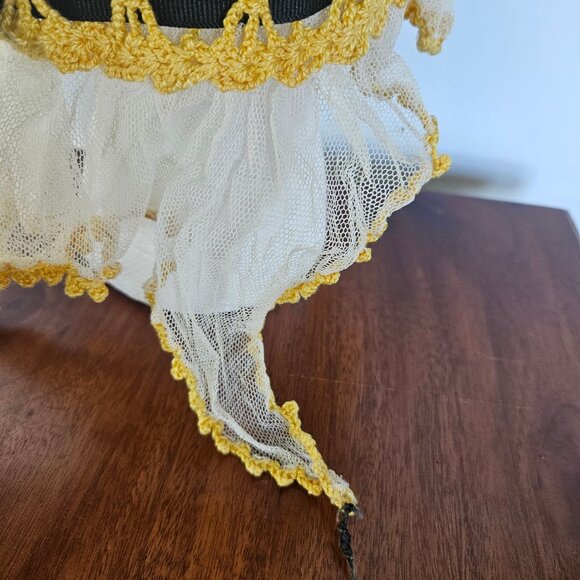 Victorian Yellow Crocheted Sleeping Cap with Black Grosgrain Ribbon main image 2